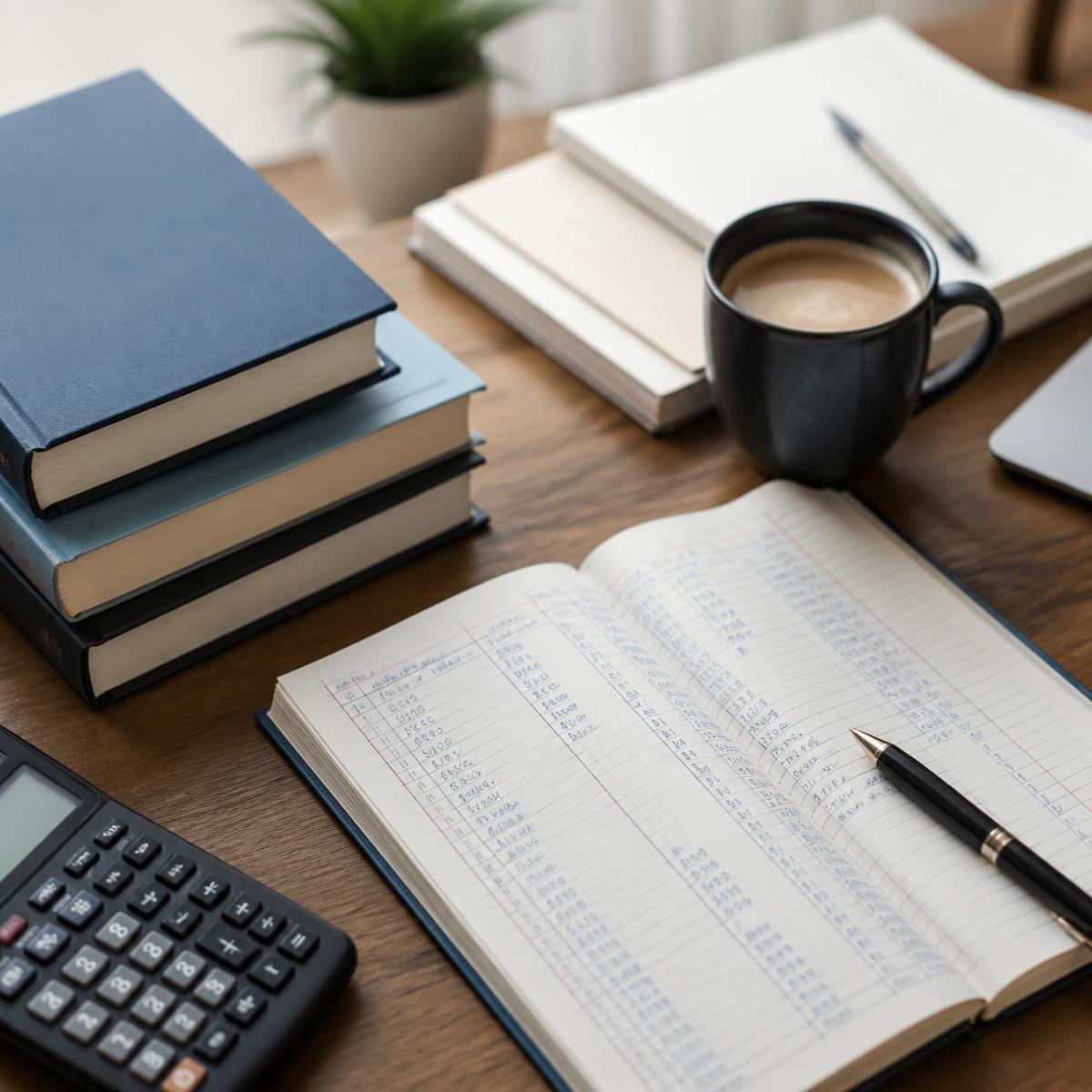 CA preparation study desk with ledgers, books and a calculator